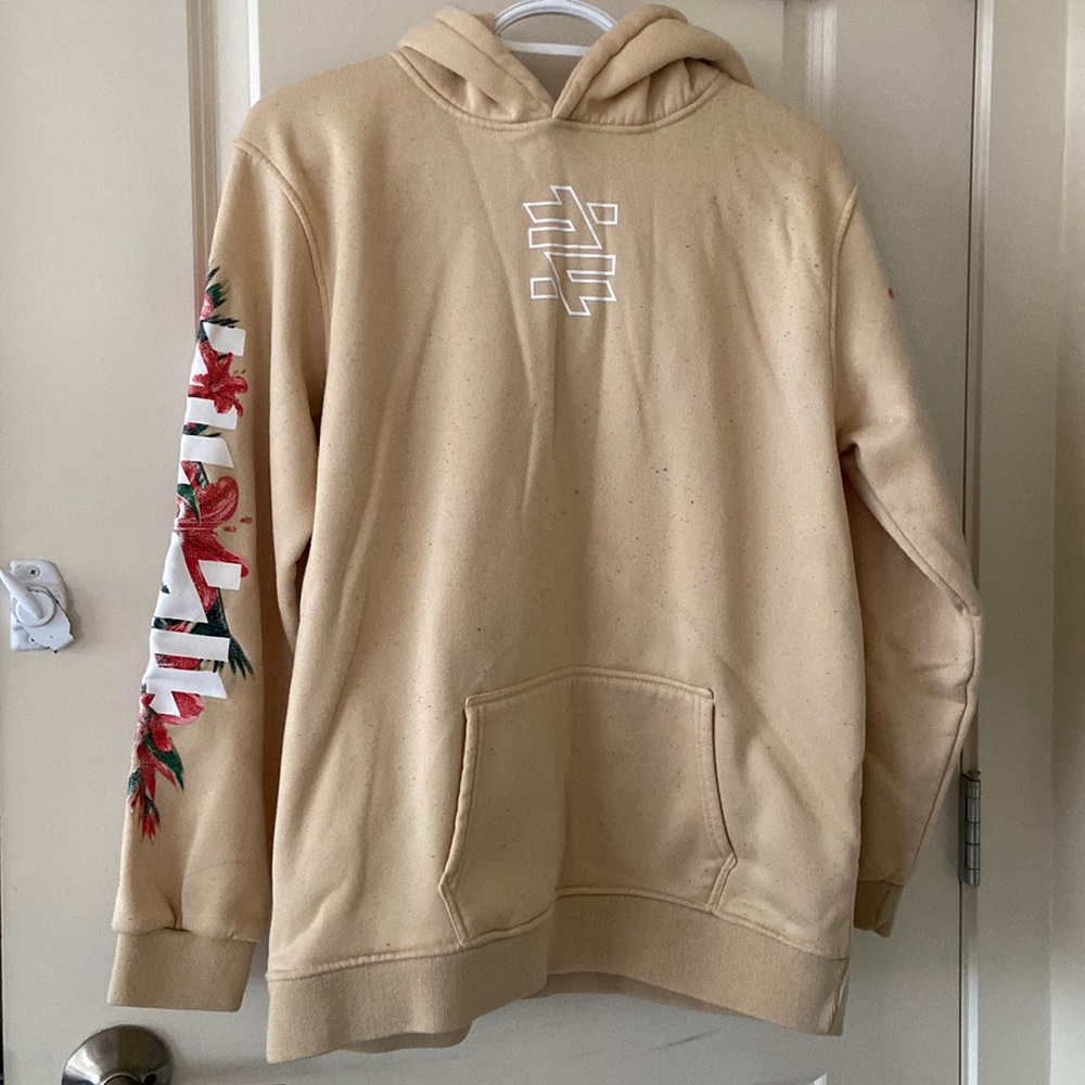 Beige hoodie with flowers printed sleeves